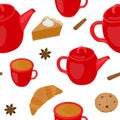 Seamless pattern teacup teapot pyrpog croissant cookies cinnamon vector illustration